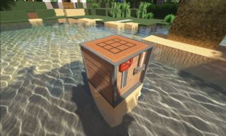 Minecraft texture packs - a Minecraft workbench that has a 3D saw and hammer inside on top of realistic looking water