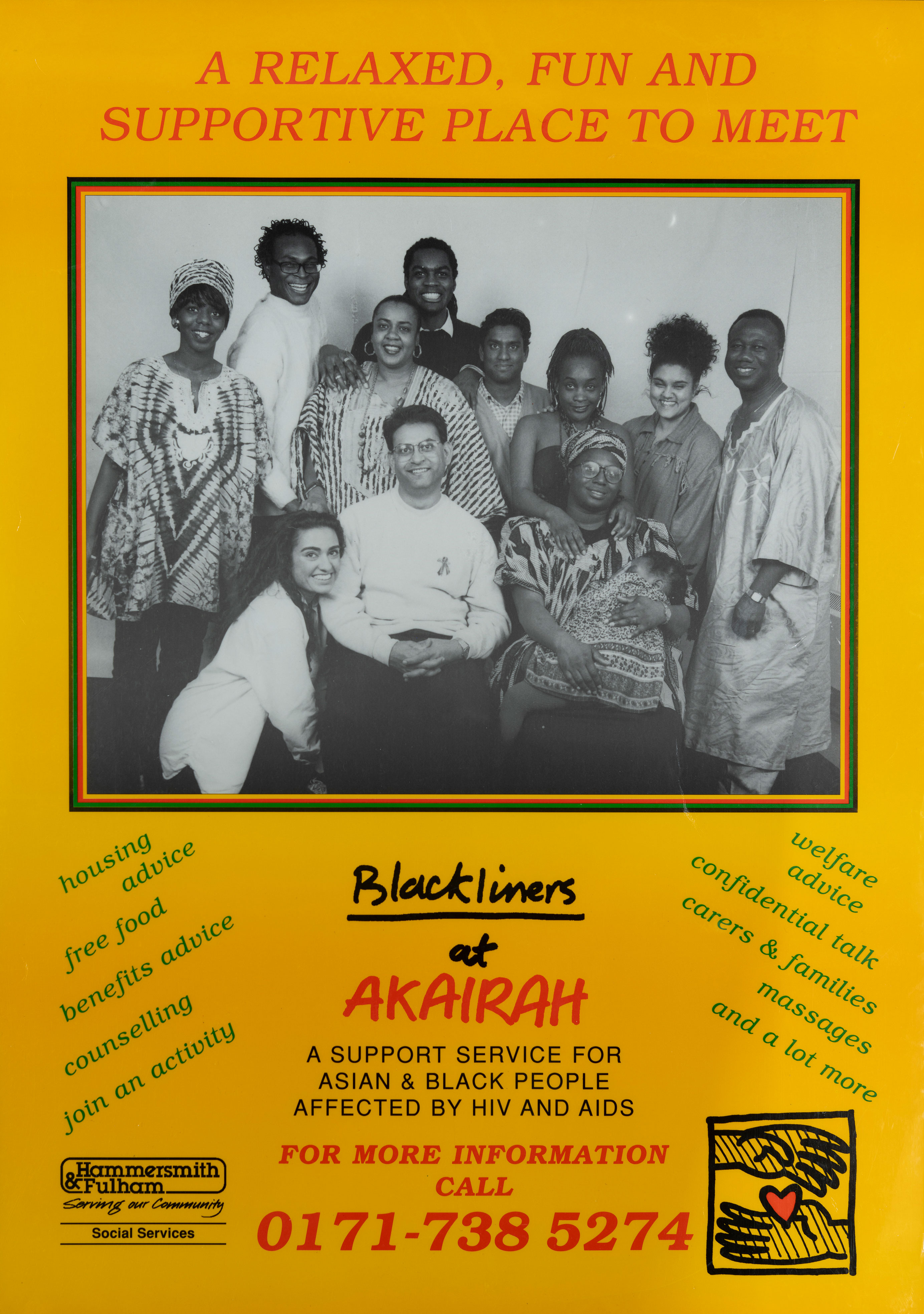 poster of group of people, smiling, promoting support centre for AIDS and HIV