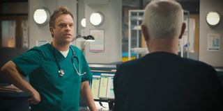 Dylan Keogh and Charlie Fairhead swap war stories in Casualty