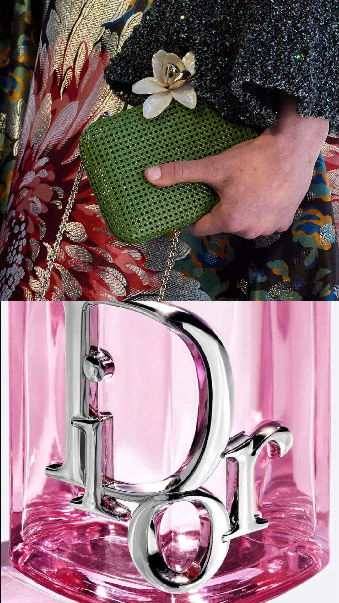 A split image of a runway shot from Dior's F/W 26-27 show and brand imagery of Dior's Dior Addict Rosy Glow Eau de Parfum.