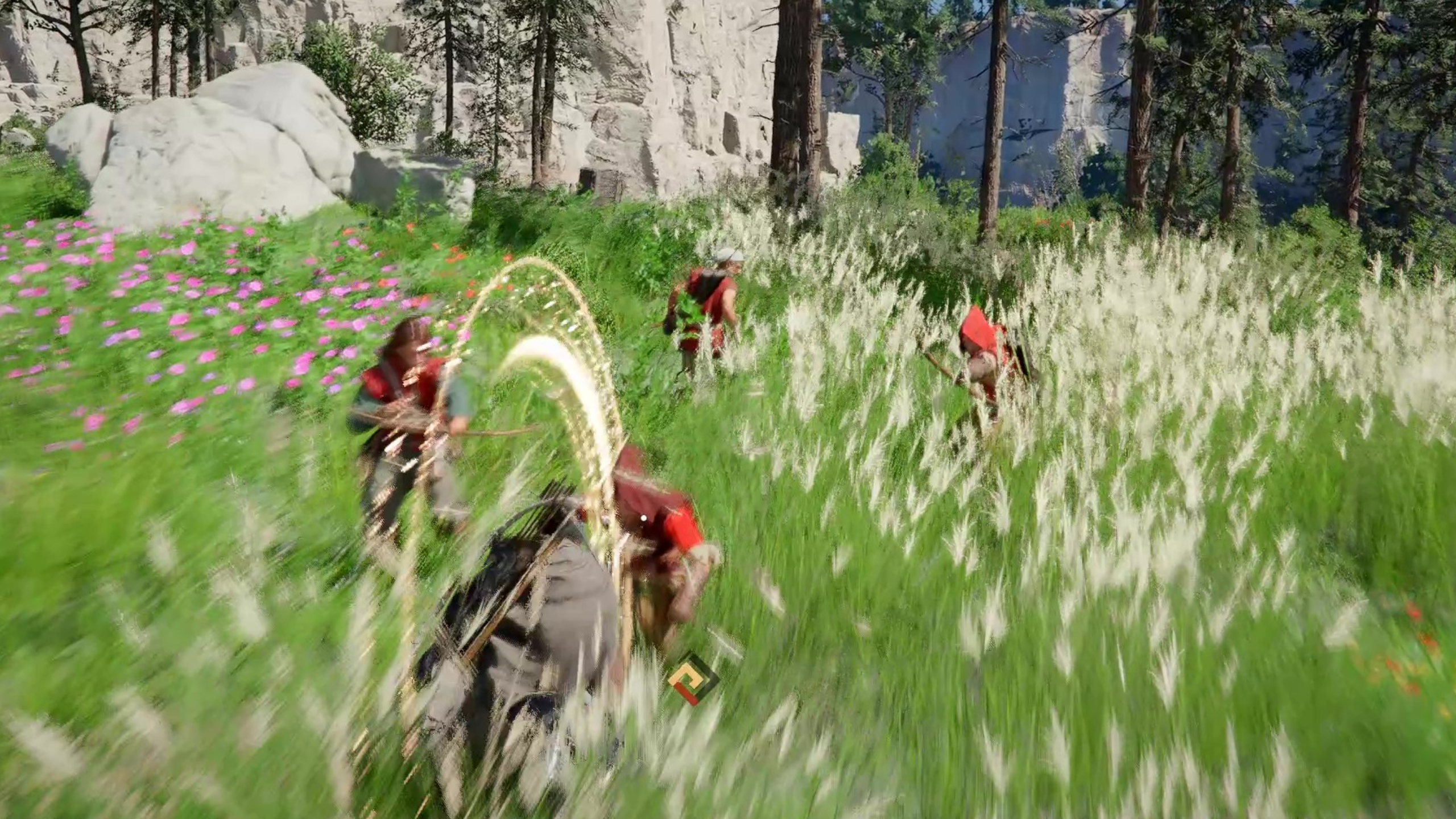 Crimson Desert skills: Kliff performing a slash attack against bandits in a grassy environment.