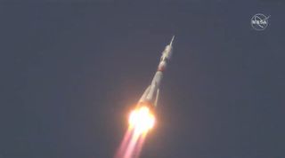 The Russian Soyuz MS-16 carrying the Expedition 63 crew launches to the International Space Station from the Baikonur Cosmodrome, April 9, 2020.