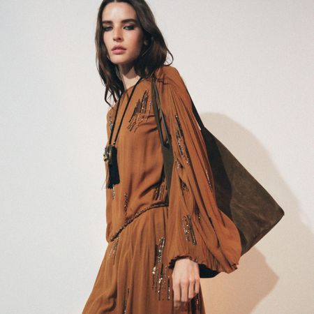 Zara model wearing Zw Collection Beaded Dress 