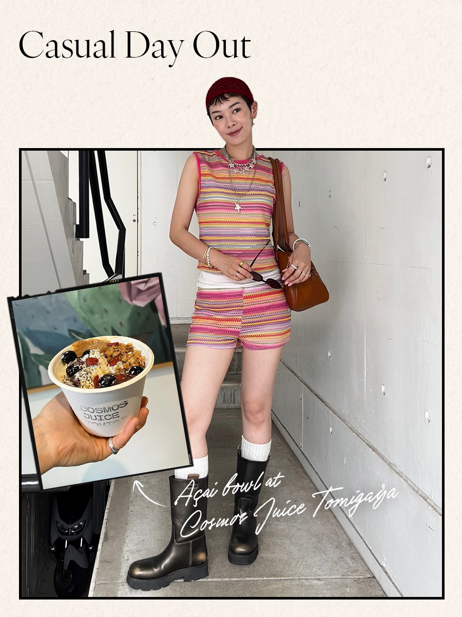 Woman in stripe knit shorts outfit