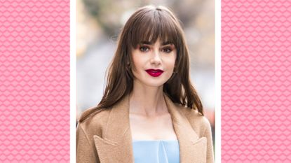 Lily Collins favorite lipstick: Lily Collins pictured wearing a bold red lipstick, and a camel coat and blue co ord while out in the Upper West Side on December 12, 2022 in New York City. /in a pink lined template