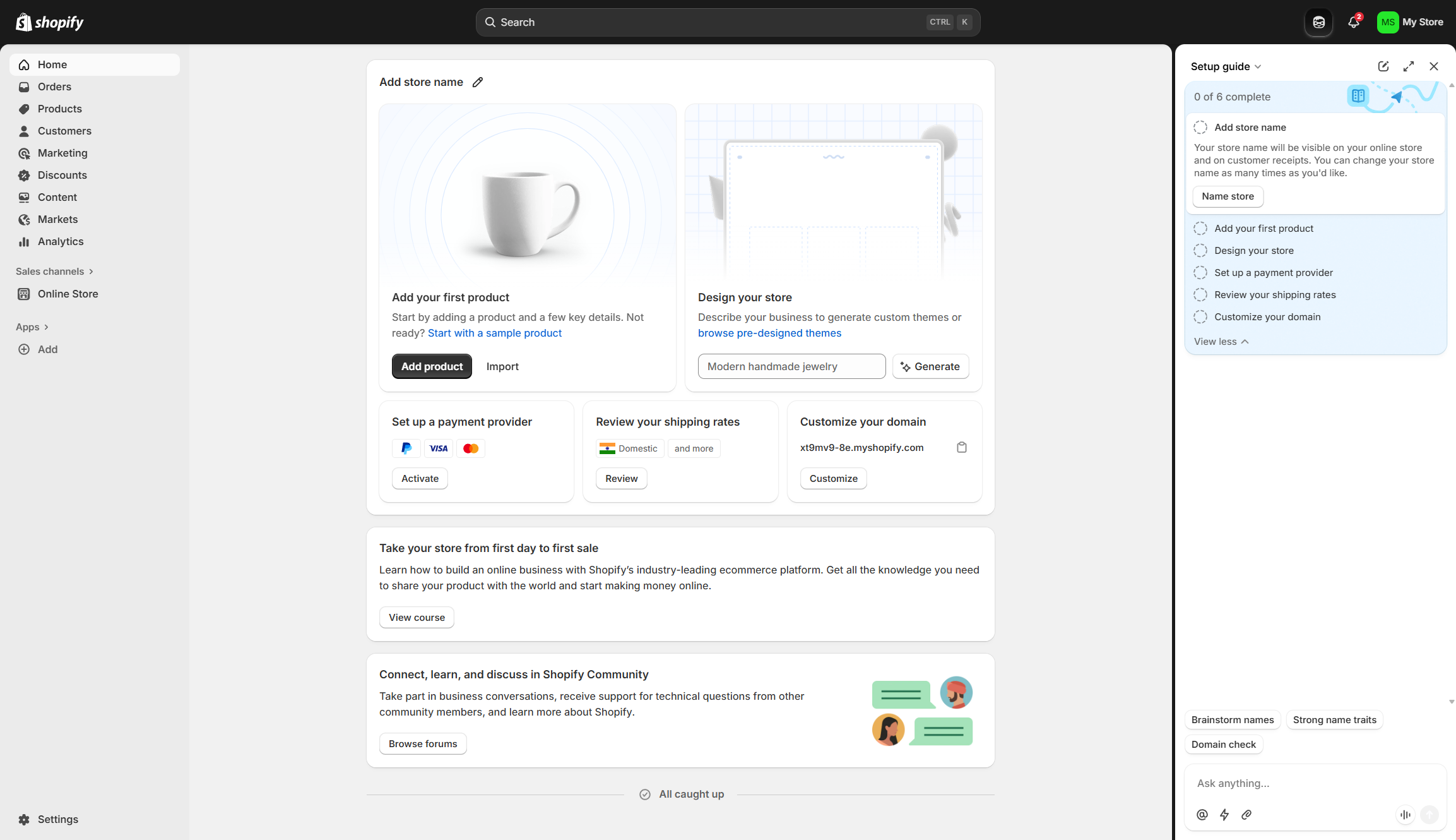 Screenshot of Shopify dashboard with a set up guide and some example products.