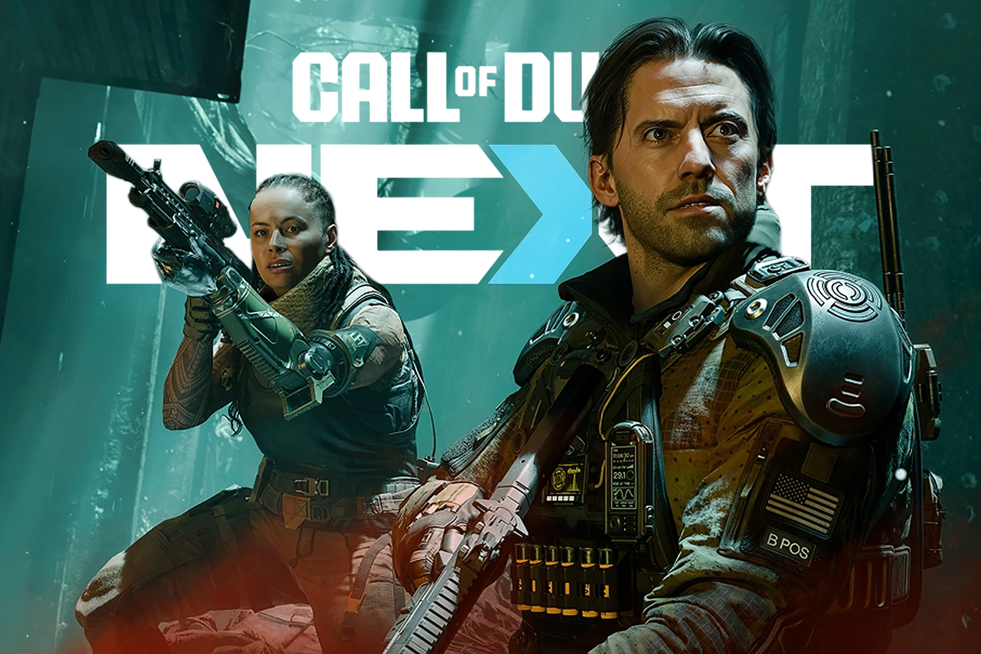 A promotional image from Call of Duty Black Ops 7 showing the main protagonist and one of his squad mates. Behind them are the words, &quot;Call of Duty Next.&quot;