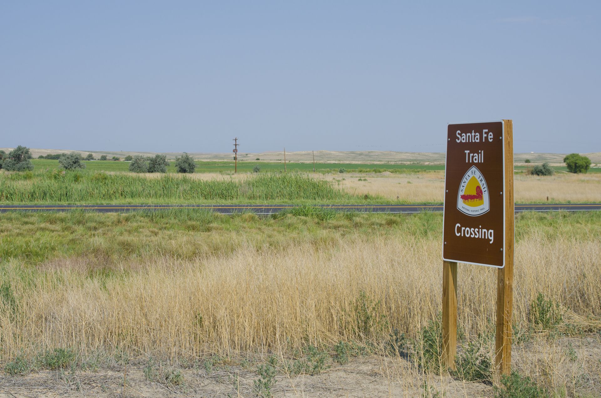A sign along the Santa Fe Trail National Scenic Byway commemorates this historic pathway in southeastern Colorado.