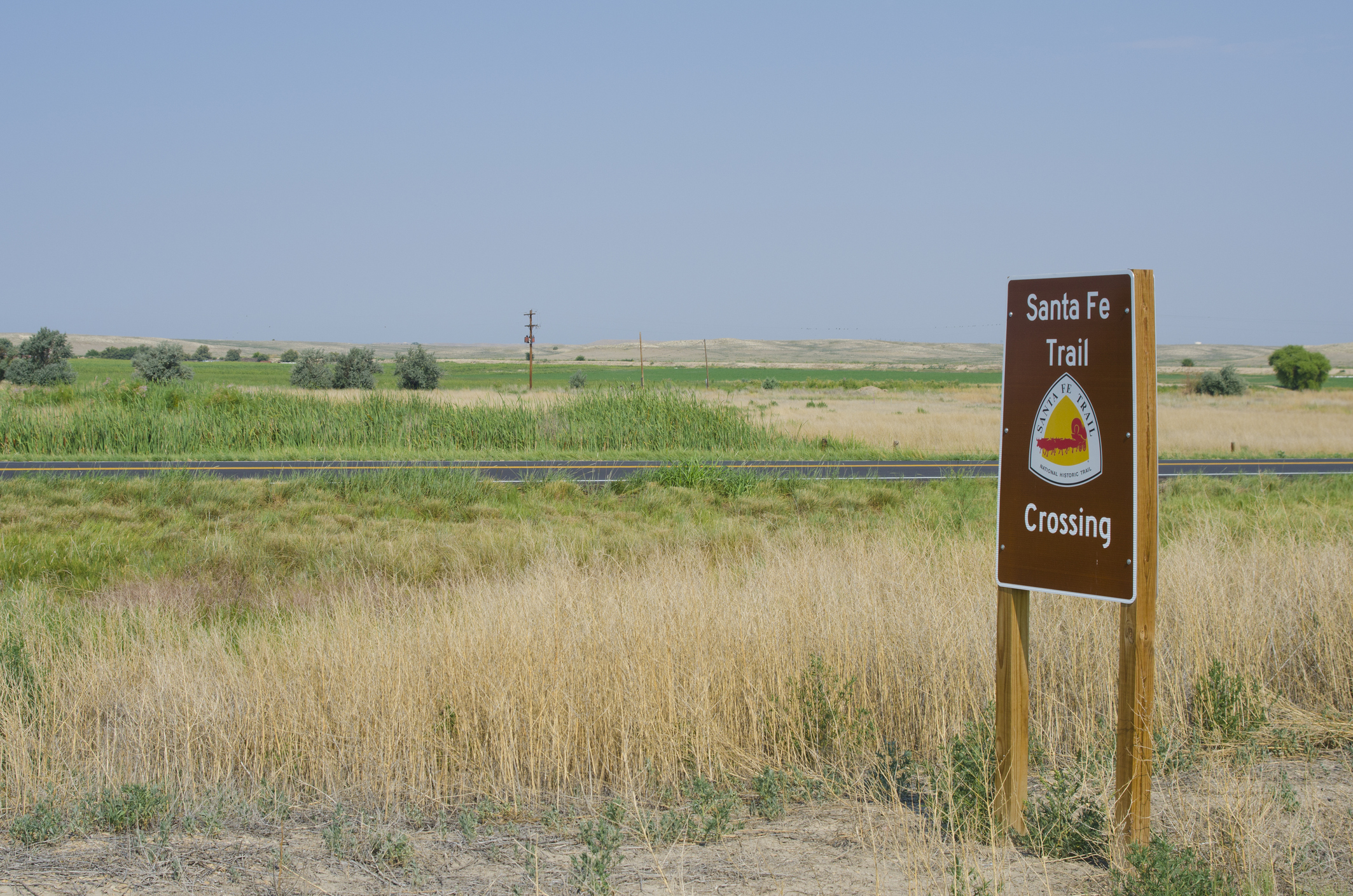 A sign along the Santa Fe Trail National Scenic Byway commemorates this historic pathway in southeastern Colorado.