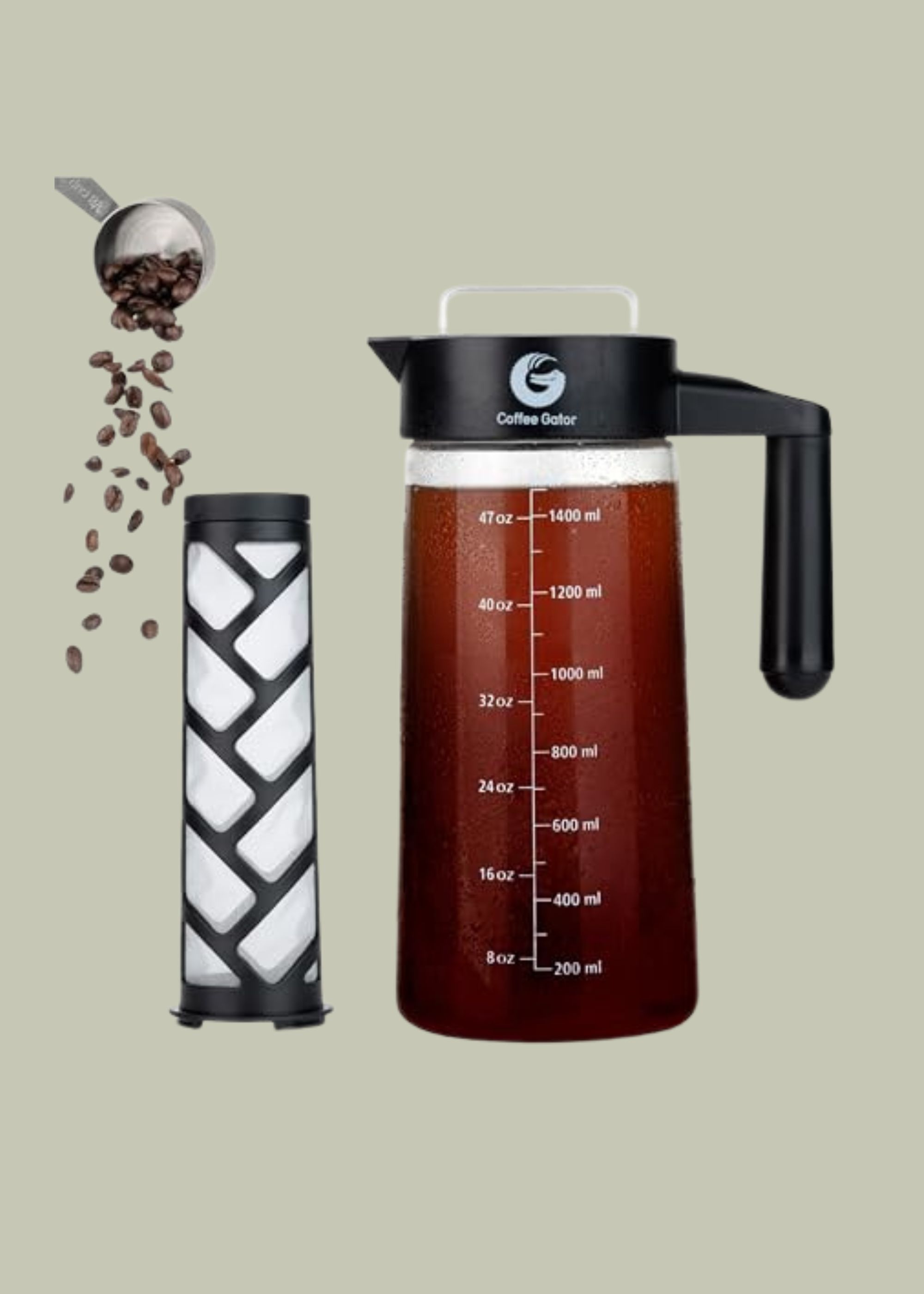 Coffee Gator, Coffee Gator Cold Brew Coffee Maker - 47 Oz Iced Tea and Iced Coffee Maker and Pitcher With Borosilicate Glass Carafe, Filter - Black