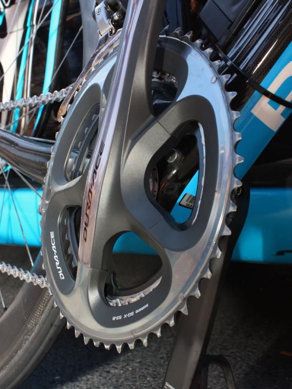 Though this bike isn't fitted as such in this image, Sky team mechanics have nonetheless glued a small magnet to the down tube for use with an SRM power meter.