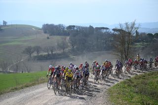 SIENA ITALY MARCH 08 LR Marie Le Net of France and Team FDJ SUEZ and Pauline FerrandPrevot of France and Team Visma Lease a Bike lead the peloton during the 11st Strade Bianche 2025 Womens Elite a 136km one day race from Siena to Siena 320m UCIWWT on March 08 2025 in Siena Italy Photo by Dario BelingheriGetty Images