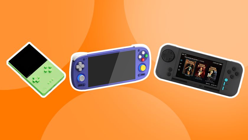 Product shots of three of the best retro games consoles on an orange background