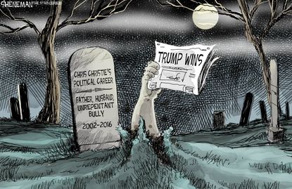 Political cartoon U.S. 2016 election Donald Trump Chris Christie career