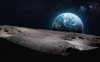 Earth rising over the lunar surface.