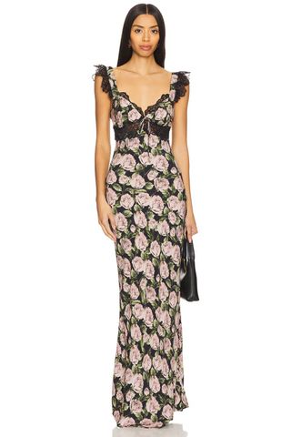 For Love & Lemons Fallen Rose Print Maxi Dress