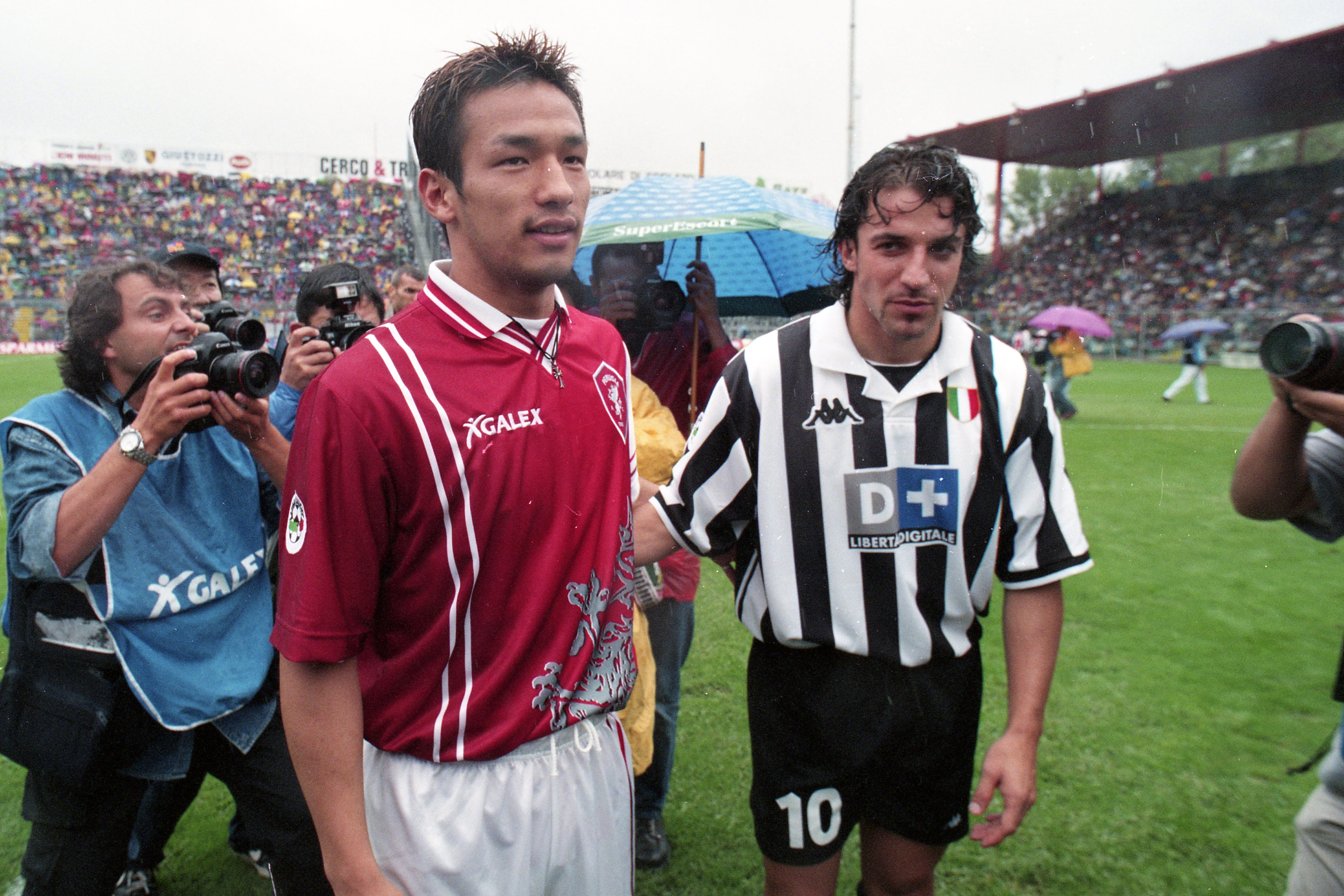 Perugia's Hidetoshi Nakata and Juventus' Alessandro Del Piero after a Serie A match at the Stadio Renato Curi in September 1998.