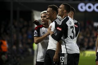 Rodrigo Muniz celebrates with his Fulham team-mates after scoring against Tottenham at Craven Cottage in March 2024.
