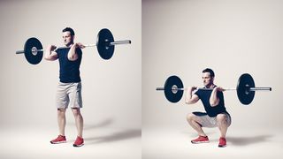 Man demonstrates two positions of the front squat using a barbell