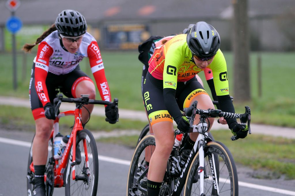 NINOVE BELGIUM FEBRUARY 29 Maaike Boogaard of The Netherlands and Team Ale BTC Ljubljana Christina Schweinberger of Austria and Team Doltcini Van Eyck Sport during the 75th Omloop Het Nieuwsblad 2020 Women Race a 1229km race from Ghent to Ninove OmloopHNB OHN20 OHNwomen on February 29 2020 in Ninove Belgium Photo by Luc ClaessenGetty Images