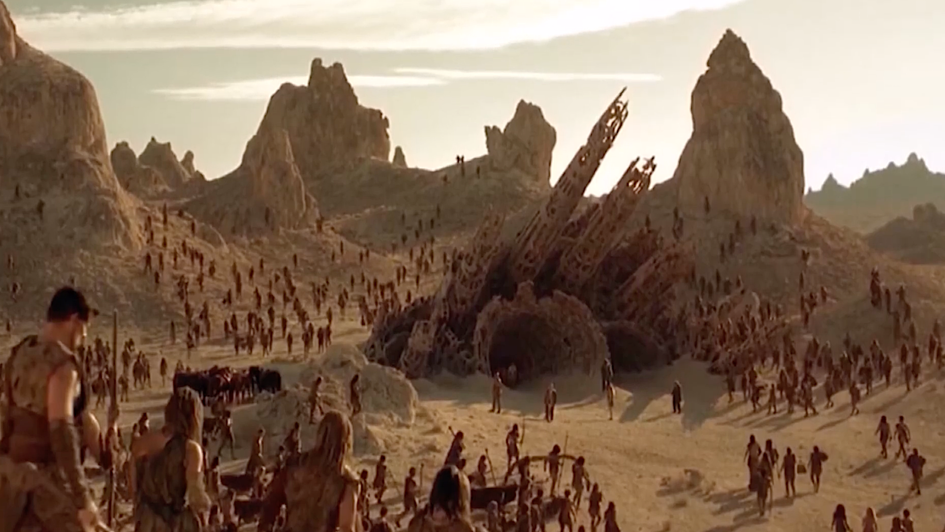 a desolate scene of an ancient crashed spaceship