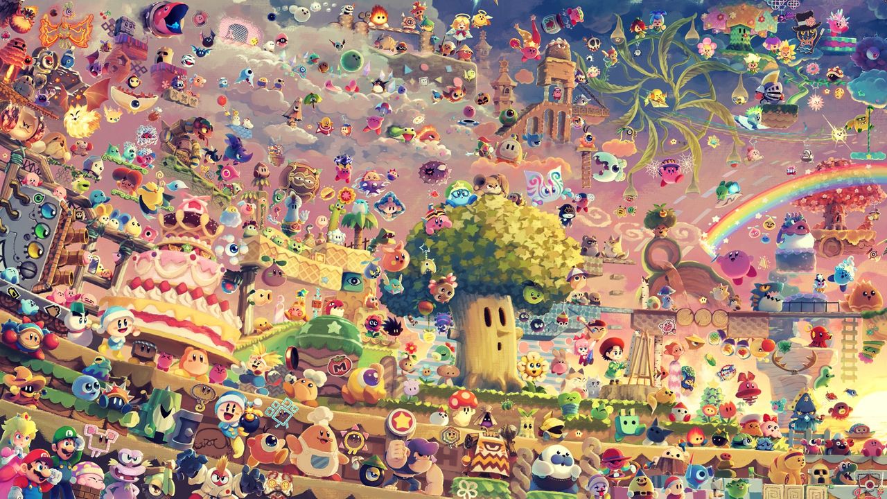 Fan art showing various Nintendo characters celebrating Kirby's birthday
