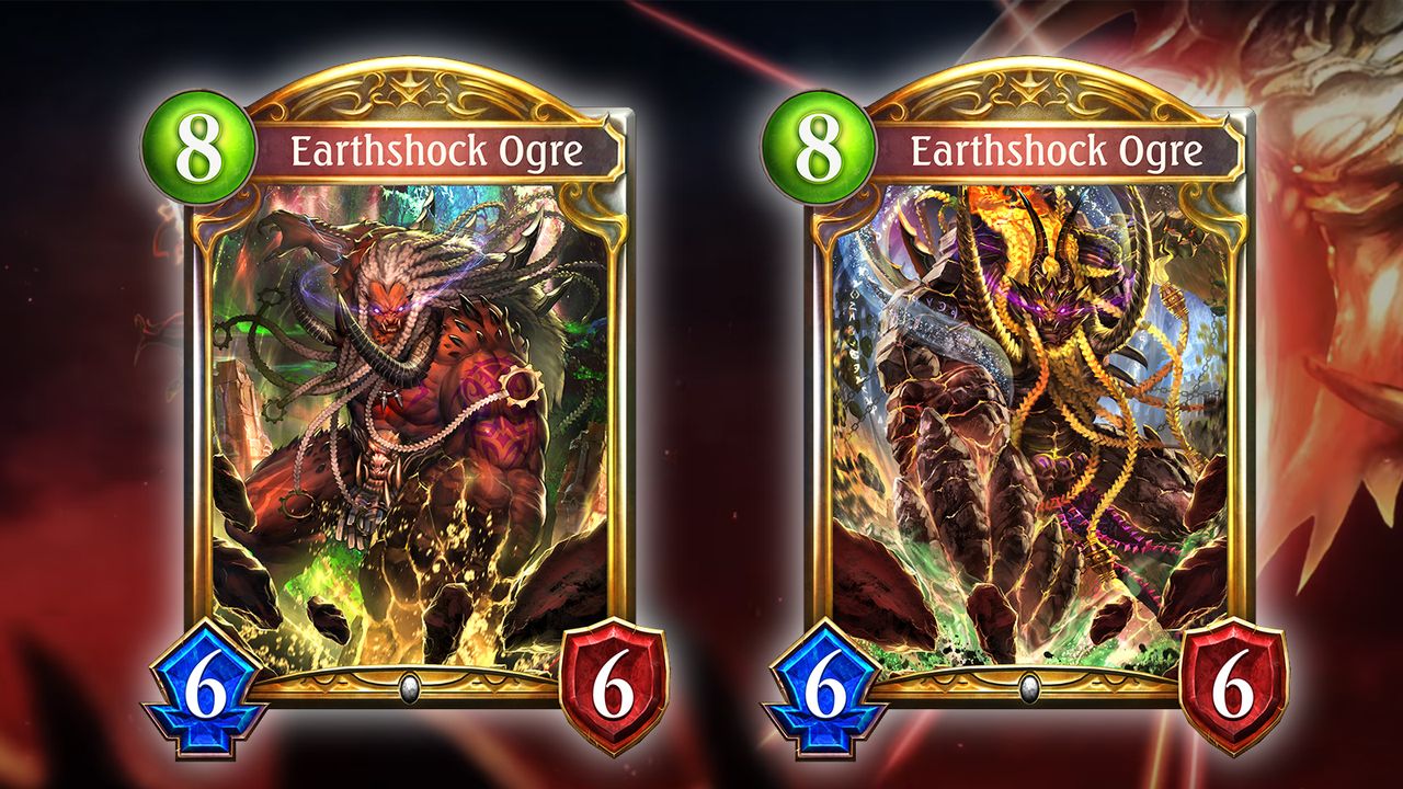 Earthshock Ogre (Neutral), Ability text &mdash; Fanfare: Deal 3 damage to an enemy. (Evolved Text &mdash; Evolve: Deal 3 damage to an enemy.)