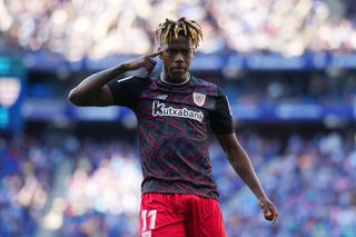 Nico Williams of Athletic Club celebrates after scoring the team's second goal during the LaLiga Santander match between RCD Espanyol and Athletic Club at RCDE Stadium on April 08, 2023 in Barcelona, Spain.