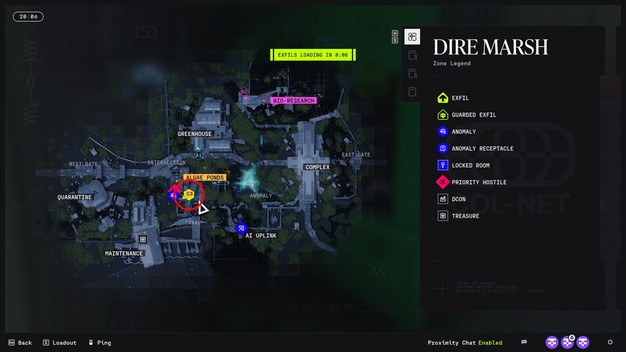 Marathon Equitable Distribution: A map of Dire Marsh with a red circle highlighting the location of the UESC security terminal to summon a Transport Drone in Algae Ponds.