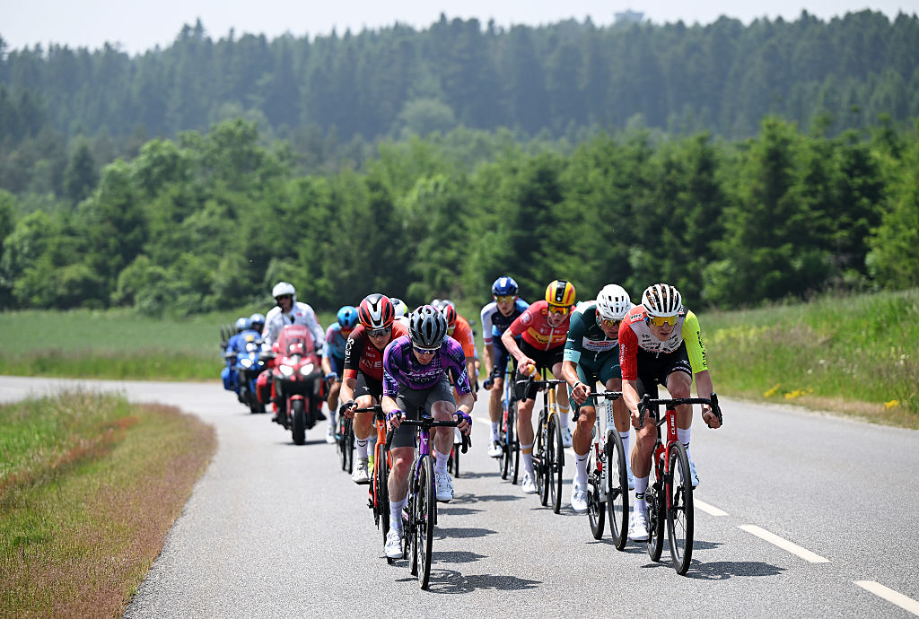 CHARANTONNAY FRANCE JUNE 10 LR Eddie Dunbar of Ireland and Team Jayco AlUla Mathieu van der Poel of Netherlands and Team Alpecin Deceuninck Green points jersey and Louis Barre of France and Team Intermarche Wanty compete in the breakaway during the 77th Criterium du Dauphine 2025 Stage 3 a 2072km stage from Brioude to Charantonnay UCIWT on June 10 2025 in Charantonnay France Photo by Dario BelingheriGetty Images