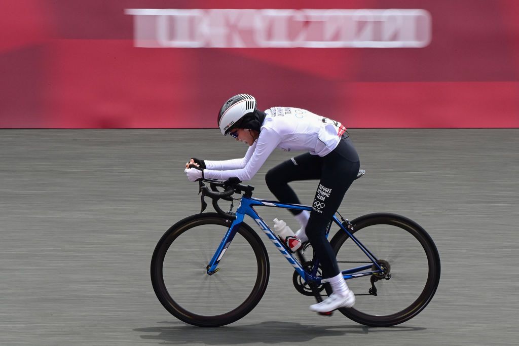 Refugee Olympic Teams Masomah Ali Zada competes in the womens cycling road individual time trial during the Tokyo 2020 Olympic Games at the Fuji International Speedway in Oyama Japan on July 28 2021 Photo by Ina FASSBENDER AFP Photo by INA FASSBENDERAFP via Getty Images