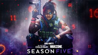 Operator Kitsune poses with guns next to the Warzone and Cold War Season 5 heading.