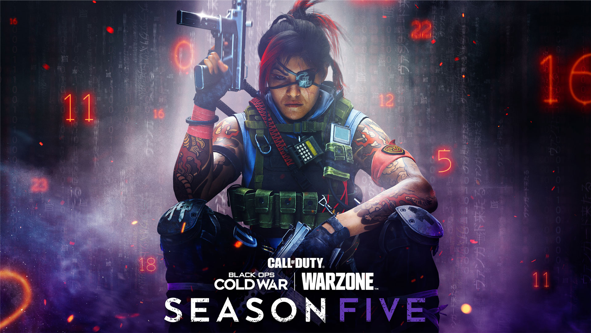 Operator Kitsune poses with guns next to the Warzone and Cold War Season 5 heading.