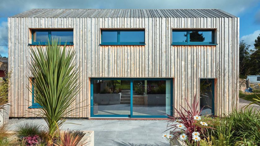 timber clad angular shaped home with blue window frames