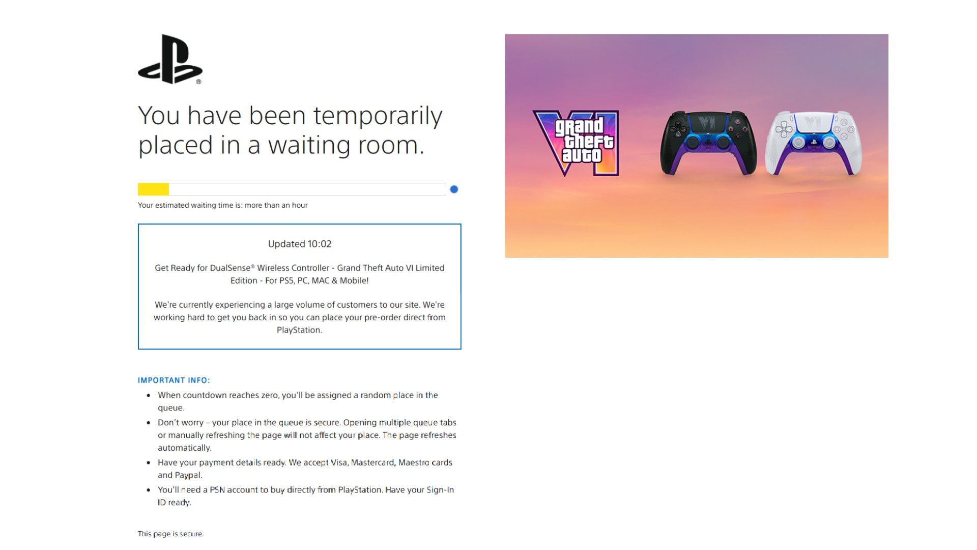 Screenshot of the PS Direct queue to pre-order GTA 6 DualSense controllers from Sony