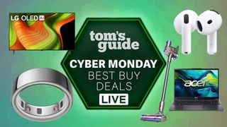 Tom's Guide Cyber Monday Best Buy Deals Live label surrounded by products on sale at Best Buy