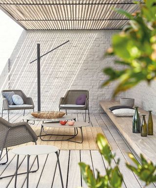 go modern furniture in covered courtyard