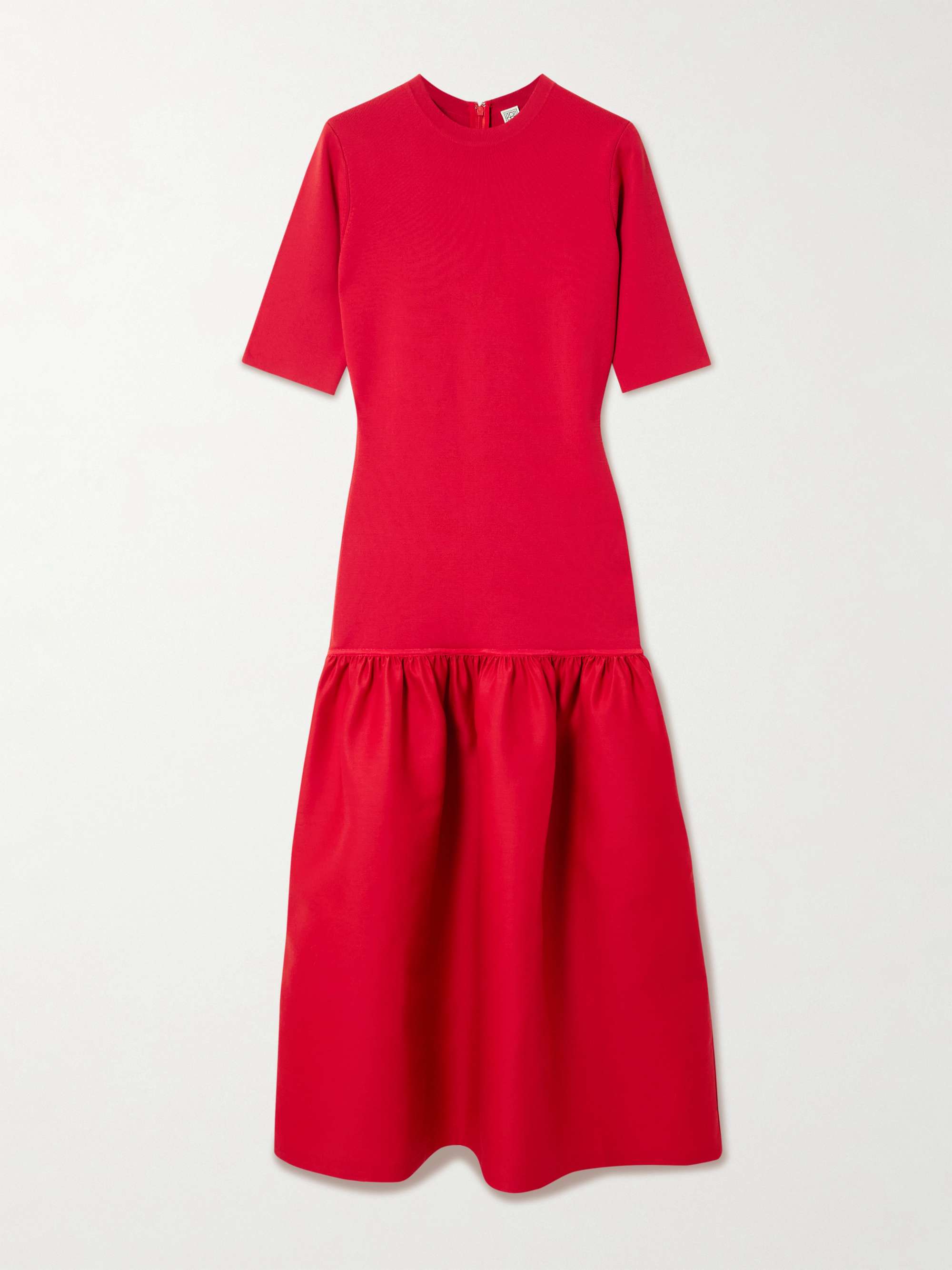 Twinflower Gathered Ribbed-Knit and Wool and Silk-Blend Crepe Midi Dress