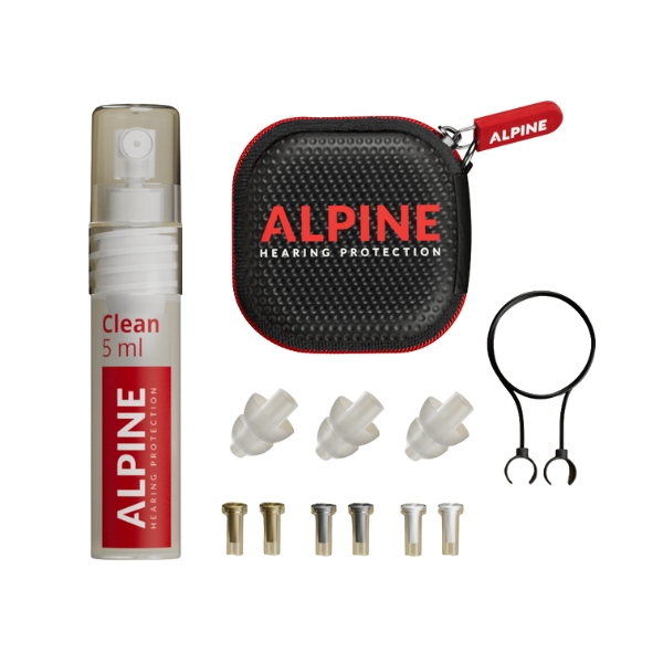 A set of Alpine MusicSafe Pro eaeplugs with case, holder, inserts, and cleaner