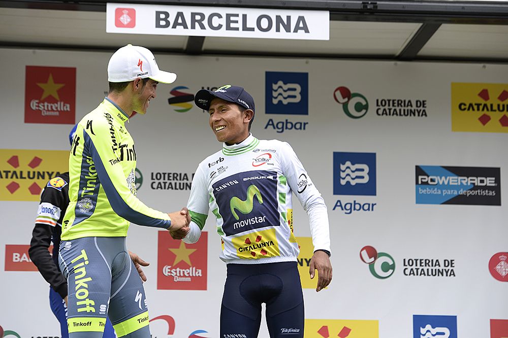 Nairo Quintana (Movistar) and Alberto Contador (Tinkoff) shake hands on the final podium