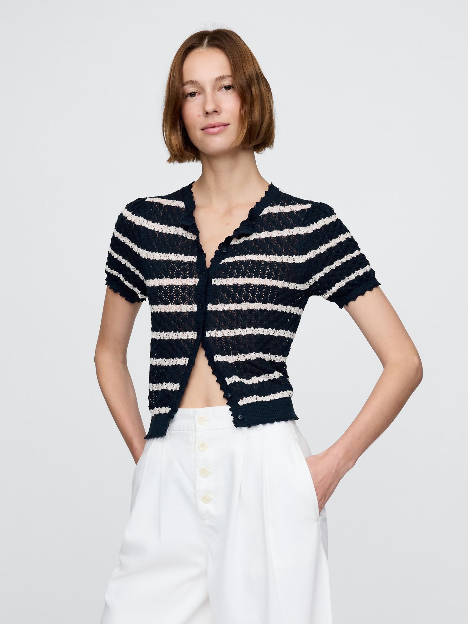 Navy/white Stripe DÔen Linen-Blend Short Sleeve Pointelle Cardigan