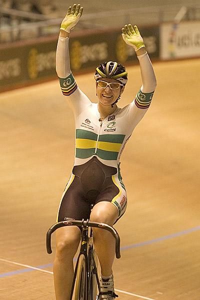 Anna Meares (Australia) celebrates another gold medal for her collection after winning the women