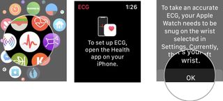 To set up and use the ECG app for the first time, push the Digital Crown on Apple Watch, Tap ECG app, Hit okay on confirmation screen.