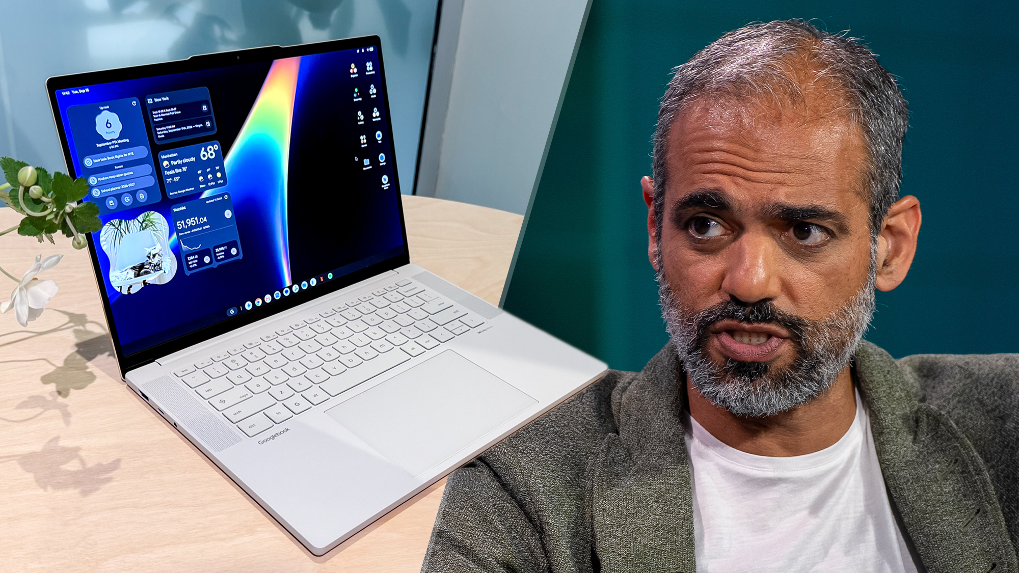A split image with a Lenovo Googlebook and Sameer Samat, president of the Android Ecosystem at Google