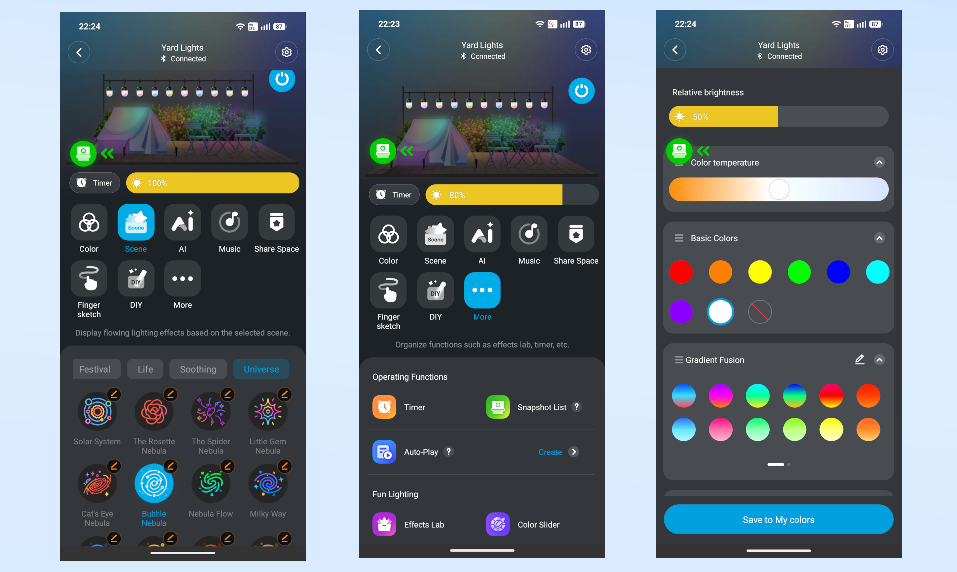 A series of screenshots from the Govee app showing all of the different options and preset scenes for its Outdoor Chromatic String Lights