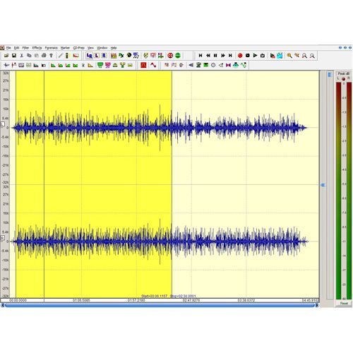 Diamond Cut image: The audio interface features the toolbar and transport at the top of the editing window with the levels meter to the right of the audio editing window.