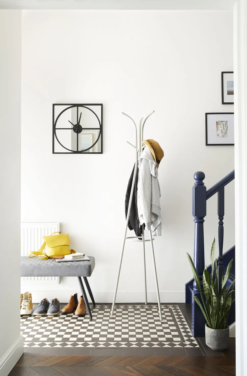 small hallway idea with a freestanding coat rack