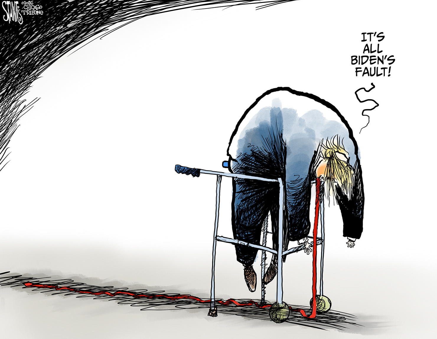 Donald Trump is stuck on a walker like one used by an older person. He says, &amp;ldquo;It&amp;rsquo;s all Biden&amp;rsquo;s fault!&amp;rdquo;