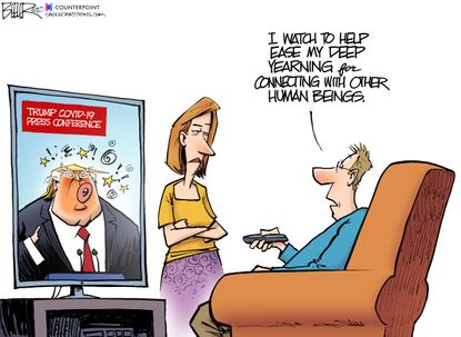 Political Cartoon U.S. Trump briefings stop physical interactions TV
