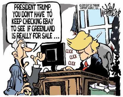 Political Cartoon U.S. President Trump Checking eBay to Buy Greenland